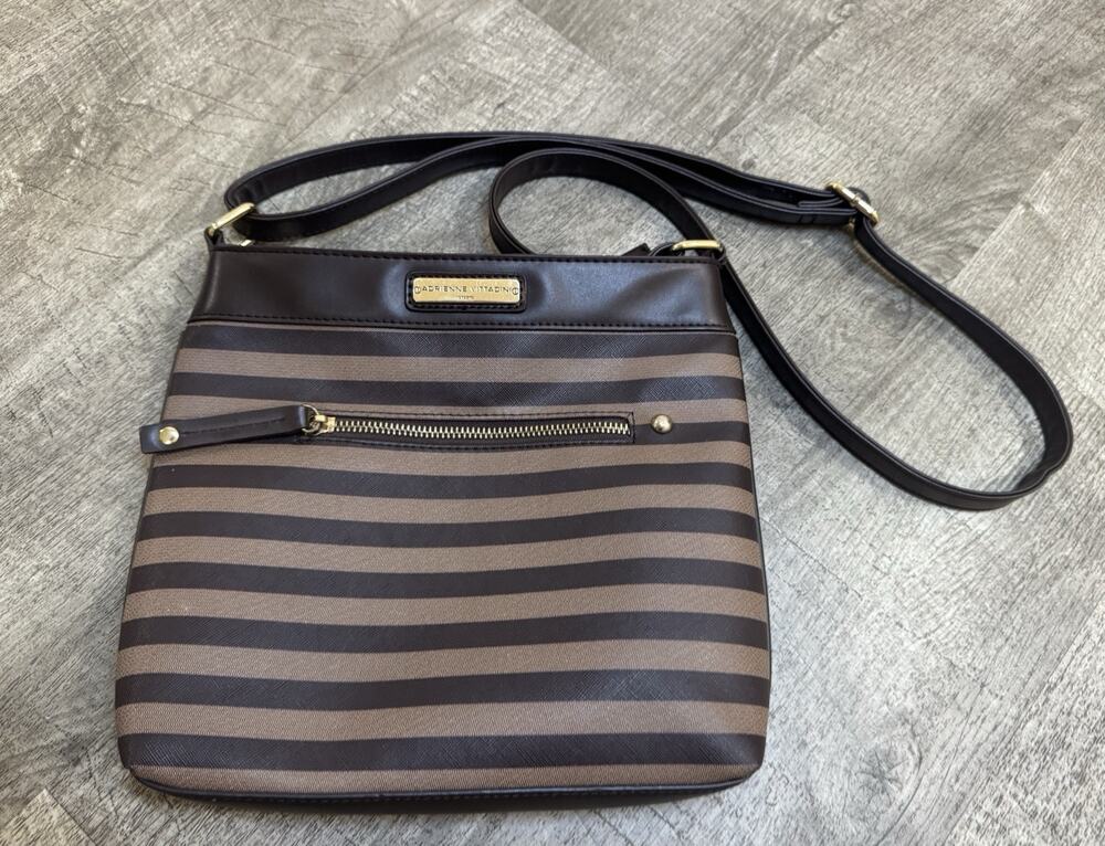 Adrienne Vittadini Brown/Tan Striped Crossbody Bag Zip, Adjustable Strap Pockets